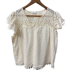 Jennifer Grace Eyelet Lace Blouse Large White Cotton Flutter Sleeve‎ Boho Top